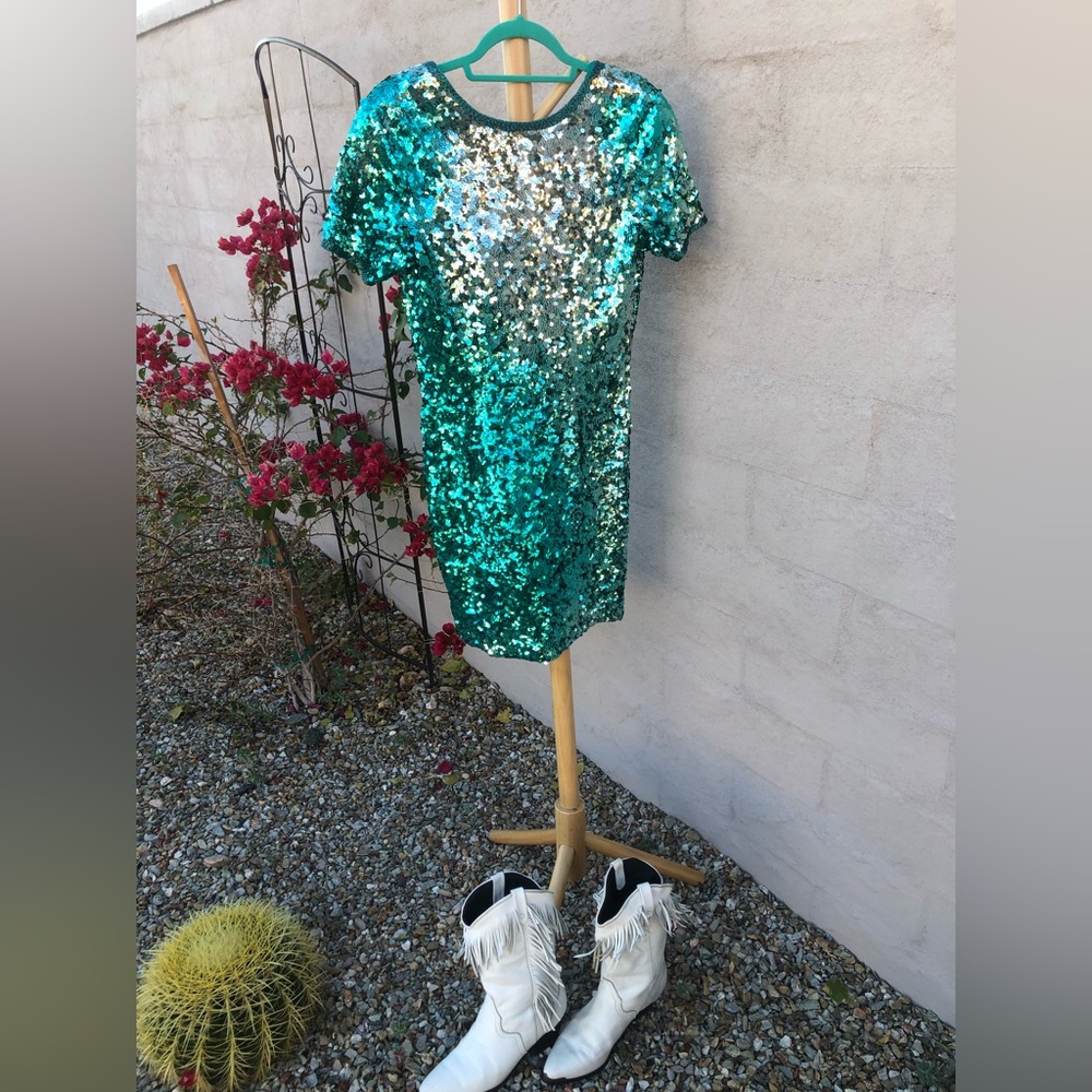 Vintage mini teal silver ombré beaded and sequin mini dress - Picture 11 of 14